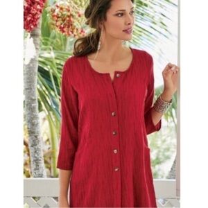 Soft Surroundings Ellis Button Up Tunic Shirt Red Cotton Gauze XL Petite